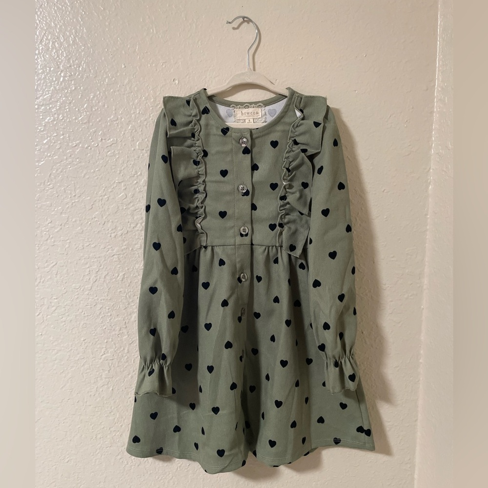 Girls dress, olive green with black hearts!